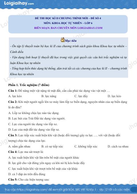 Đề thi học kì 2 KHTN 6 Cánh diều - Đề 4